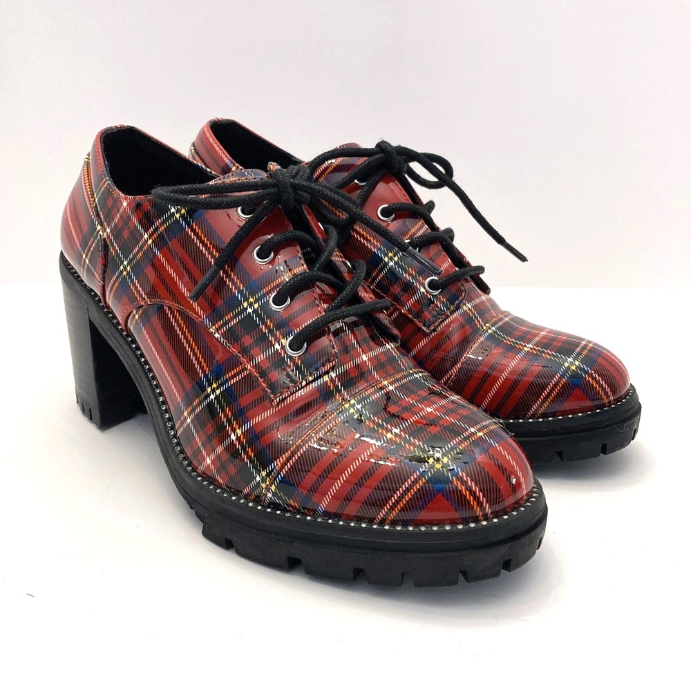 Jessica Simpson Resina Heeled Oxfords Red Plaid Patent Faux Leather Womens 7 M - Picture 2 of 11